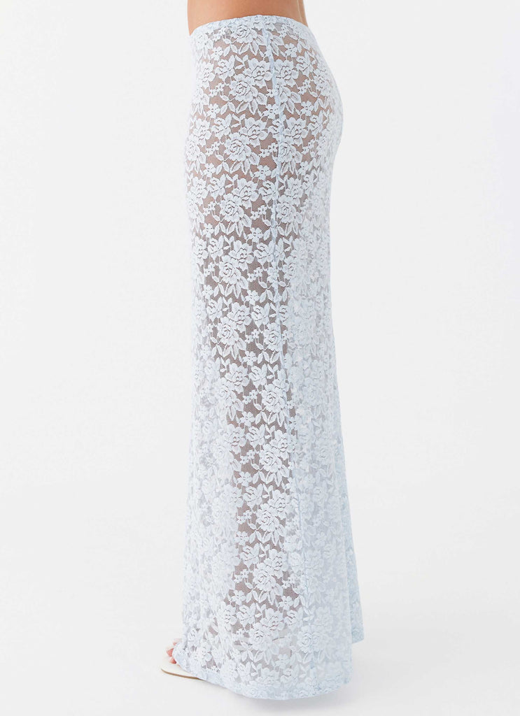 Womens Zephyra Lace Maxi Skirt in the colour Blue Cloud in front of a light grey background