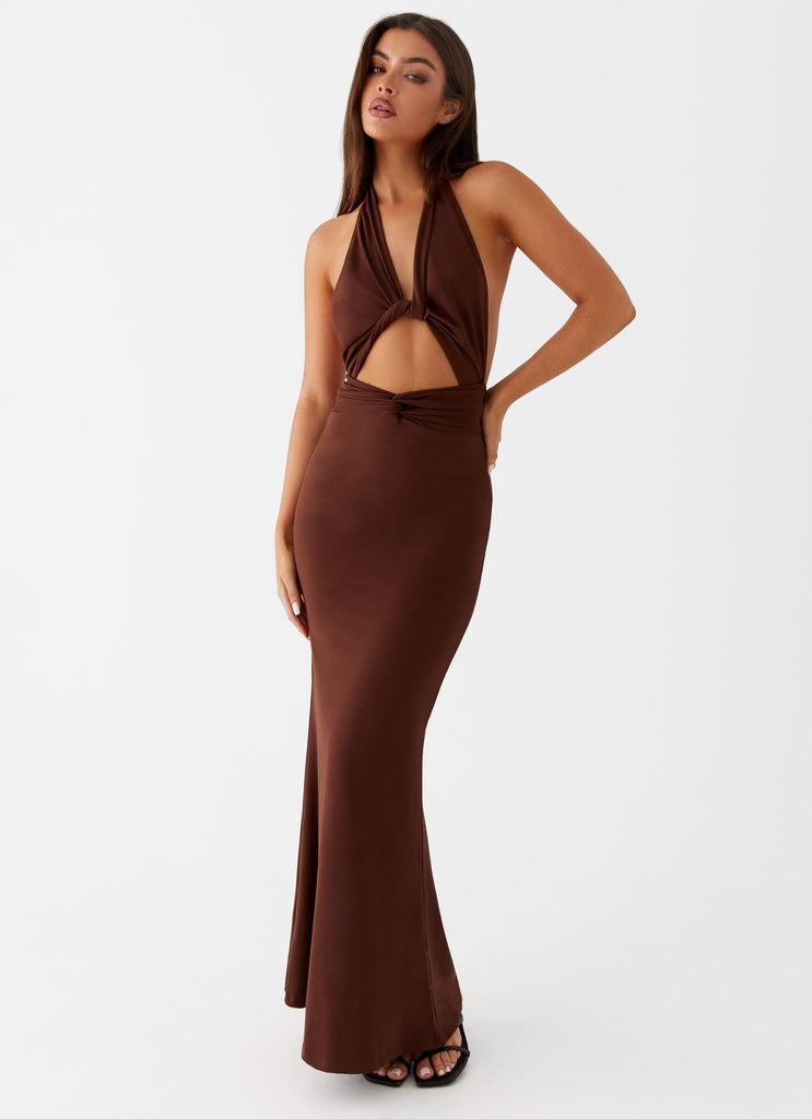 Womens Carolina Twist Maxi Dress in the colour Chocolate in front of a light grey background