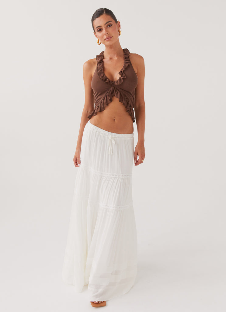 Womens Moonstone Tiered Maxi Skirt in the colour White in front of a light grey background