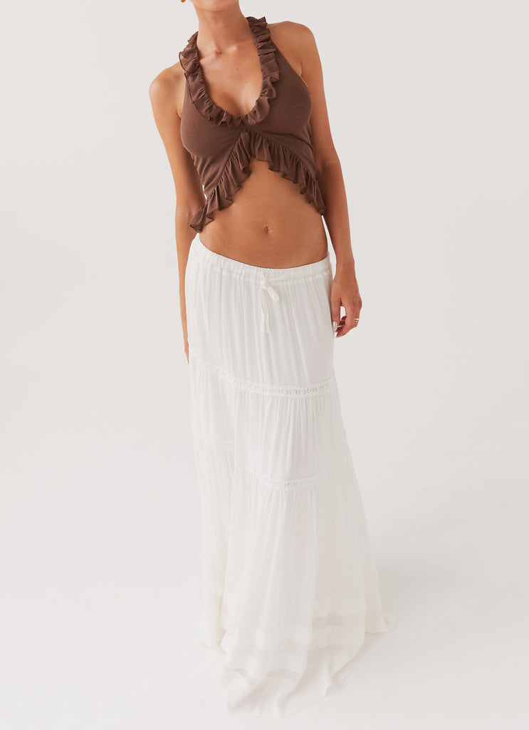 Womens Moonstone Tiered Maxi Skirt in the colour White in front of a light grey background