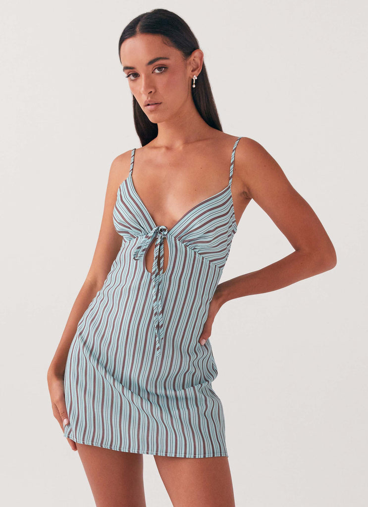 Womens Flora Linen Mini Dress in the colour Coastal Stripe in front of a light grey background