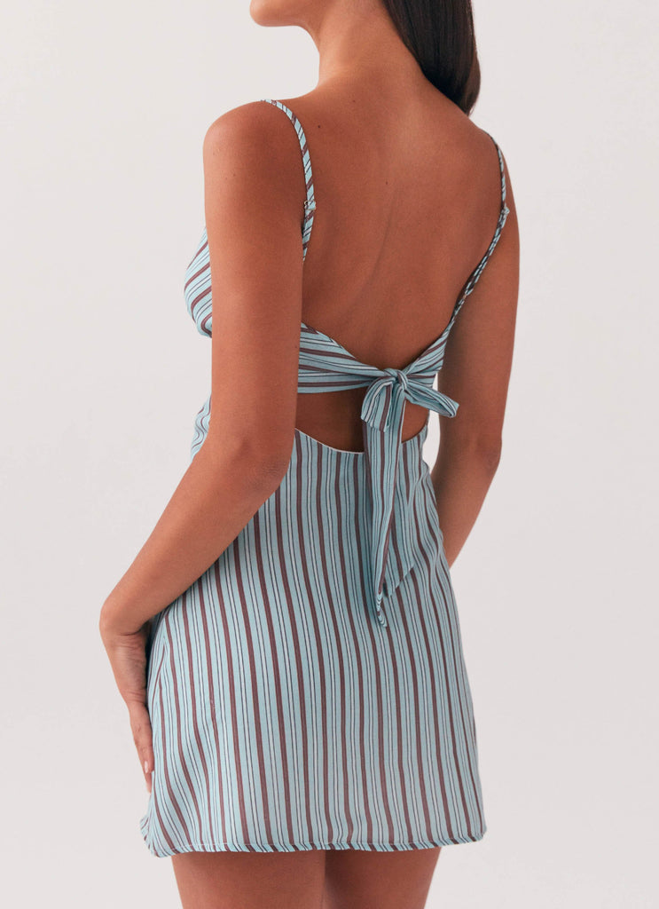 Womens Flora Linen Mini Dress in the colour Coastal Stripe in front of a light grey background