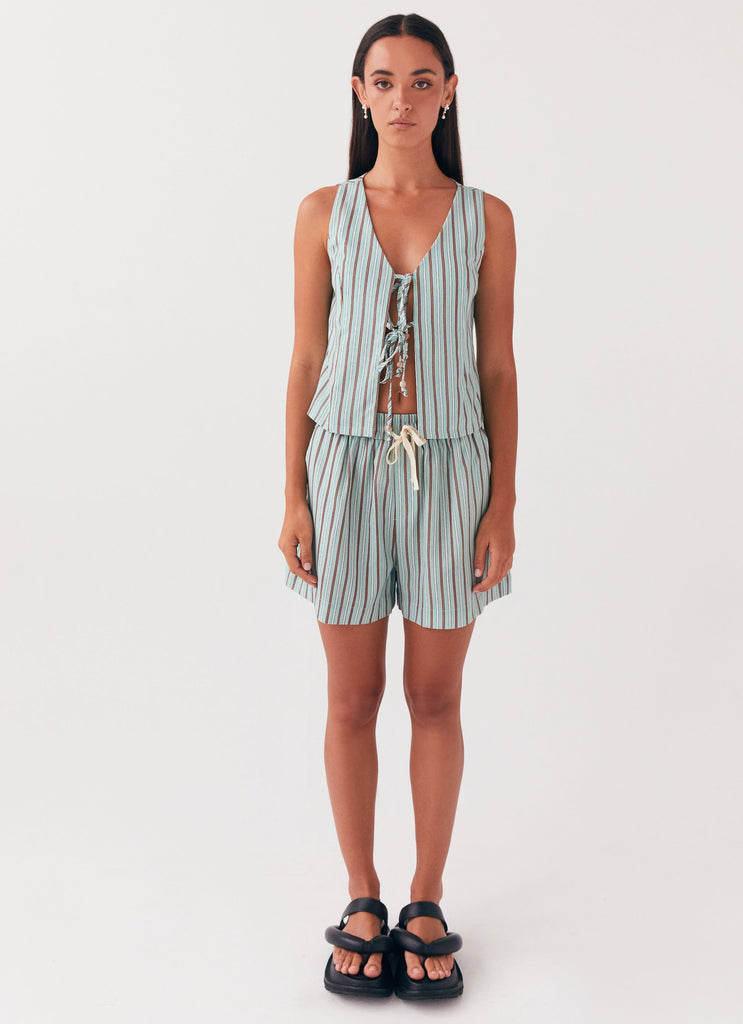 Womens Tina Linen Vest Top in the colour Coastal Stripe in front of a light grey background