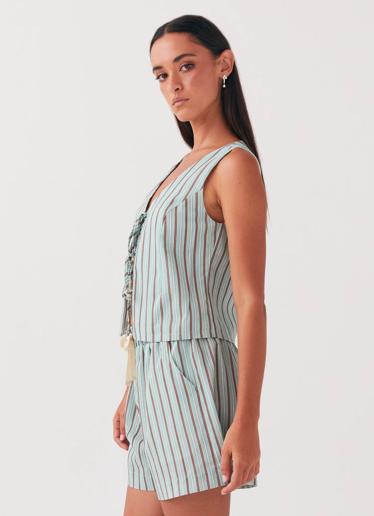 Womens Tina Linen Vest Top in the colour Coastal Stripe in front of a light grey background