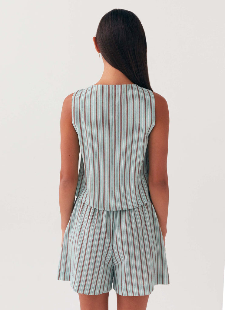 Womens Tina Linen Vest Top in the colour Coastal Stripe in front of a light grey background