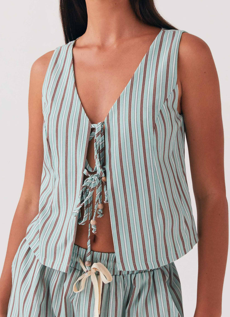 Womens Tina Linen Vest Top in the colour Coastal Stripe in front of a light grey background