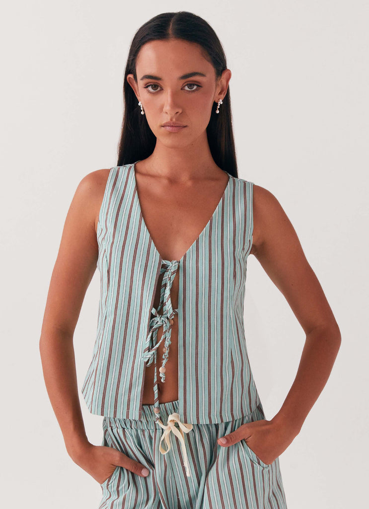 Womens Tina Linen Vest Top in the colour Coastal Stripe in front of a light grey background