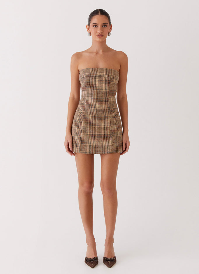 Vivenda Strapless Mini Dress - Brown Plaid