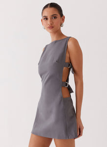 Womens Cherish You Buckle Mini Dress in the colour Charcoal in front of a light grey background