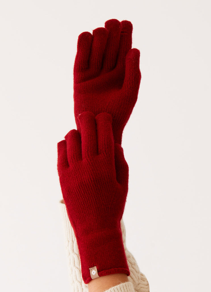 Womens Snow Angel Wool Gloves in the colour Red in front of a light grey background