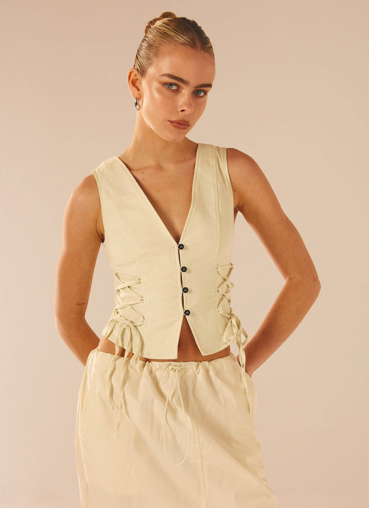 Womens Alessa Tie Side Vest in the colour Cream in front of a light grey background