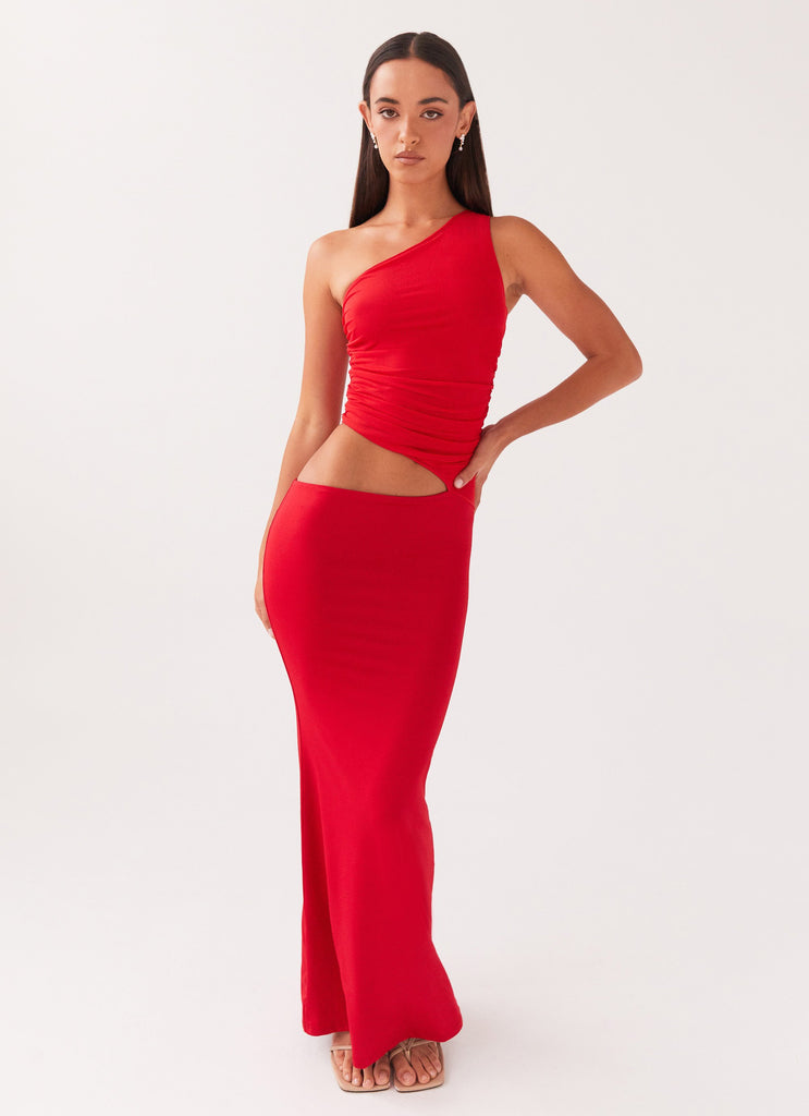 Womens Seranella One Shoulder Maxi Dress in the colour Cherry Red in front of a light grey background