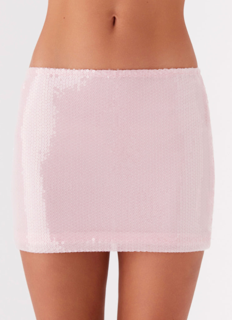 Womens Perfect Fantasy Sequin Mini Skirt in the colour Pink in front of a light grey background