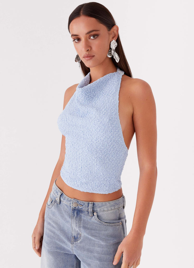 Womens Rhemmy Halterneck Top in the colour Blue in front of a light grey background