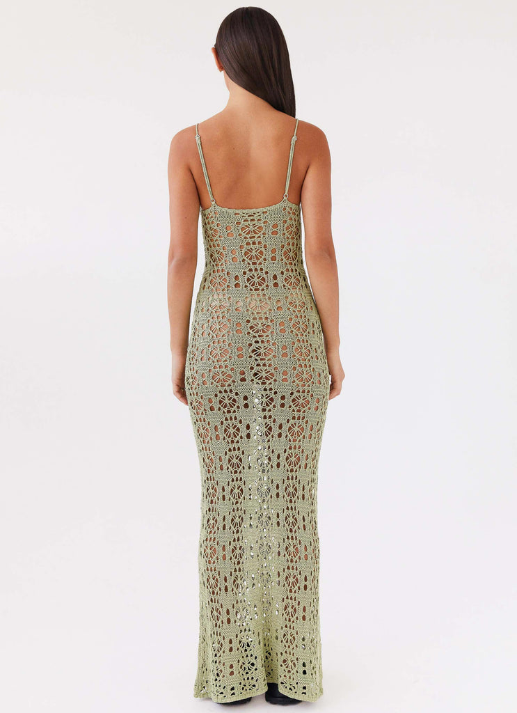 Womens Luxora Crochet Maxi Cami Dress in the colour Light Olive in front of a light grey background