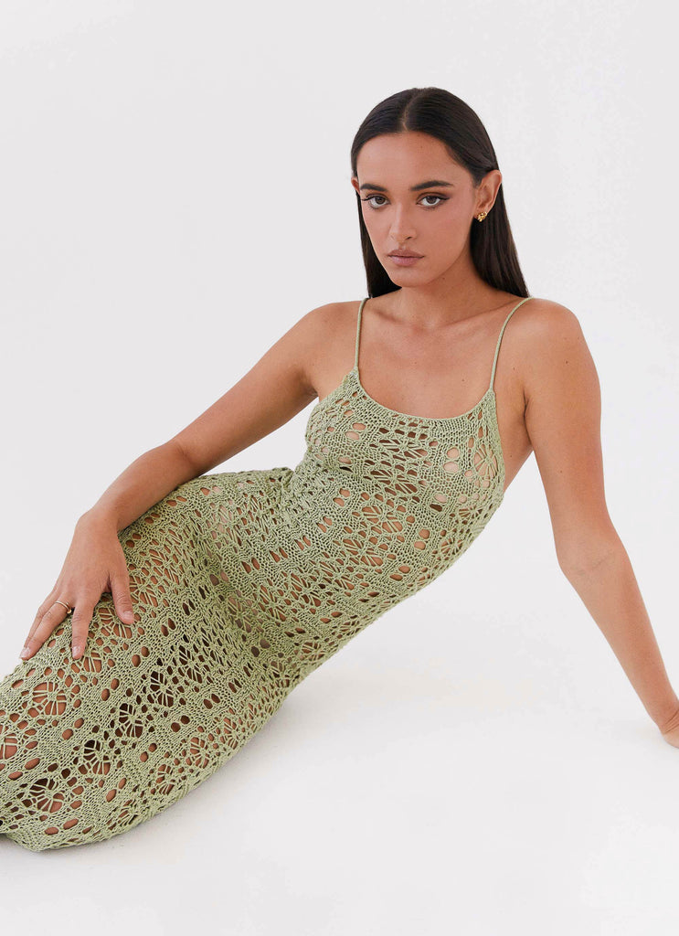 Womens Luxora Crochet Maxi Cami Dress in the colour Light Olive in front of a light grey background