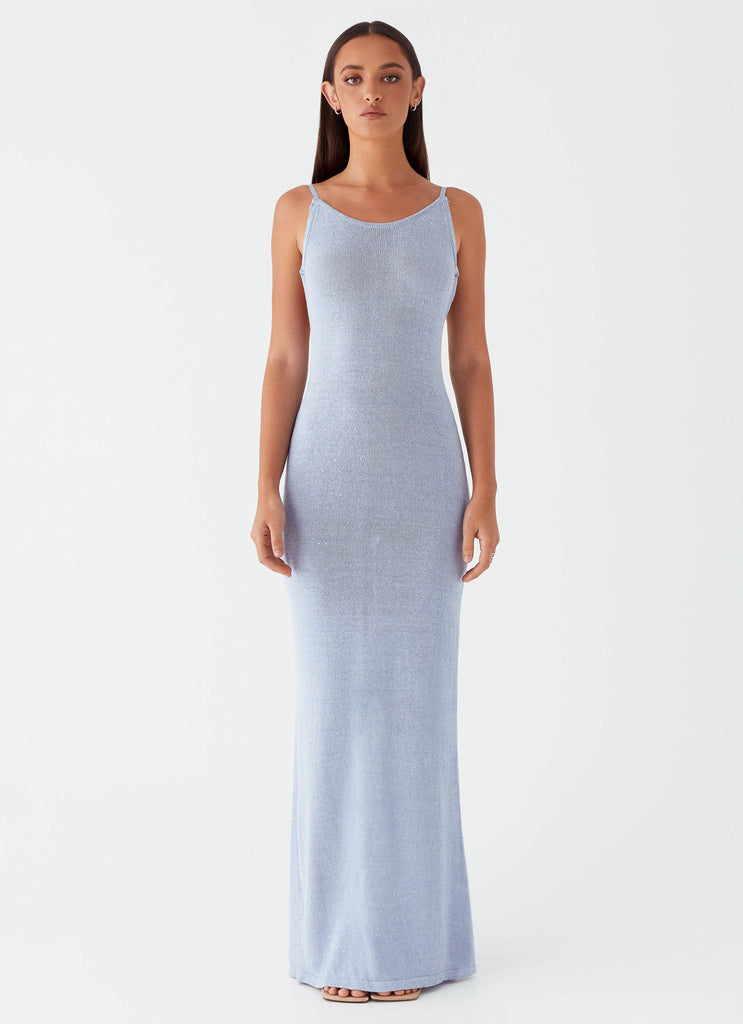 Womens Scarlett Steel Maxi Dress in the colour Powder Blue in front of a light grey background