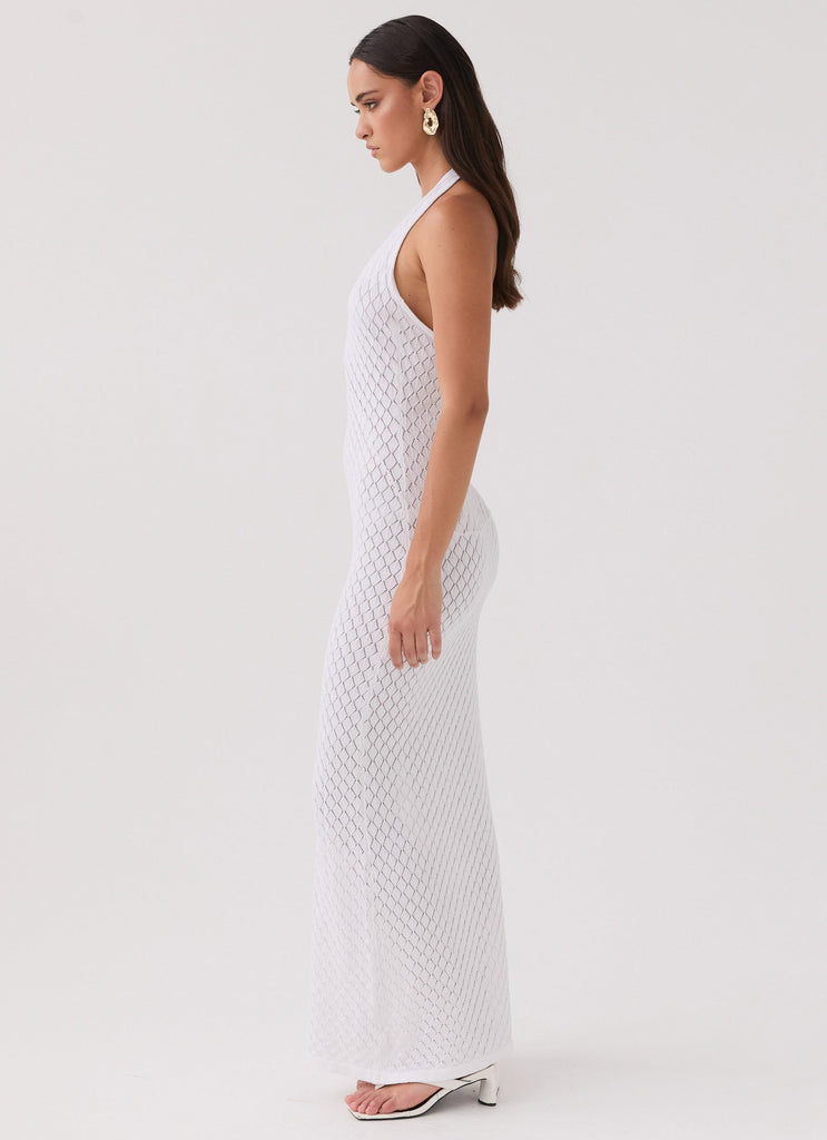 Womens Herald Angels Knit Maxi Dress in the colour White in front of a light grey background