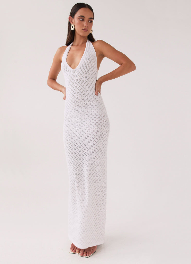 Womens Herald Angels Knit Maxi Dress in the colour White in front of a light grey background