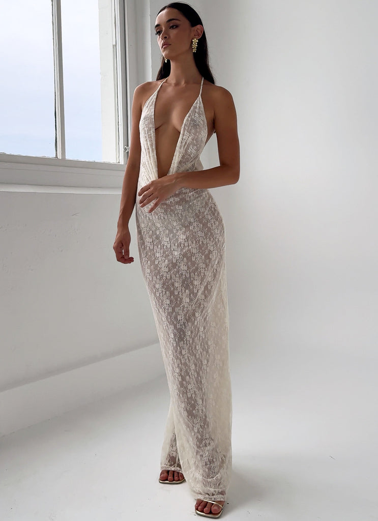 Womens Champagne Coastline Maxi Dress in the colour Ivory in front of a light grey background