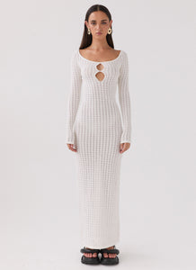 Womens Crystal Cascade Knit Maxi Dress in the colour White in front of a light grey background