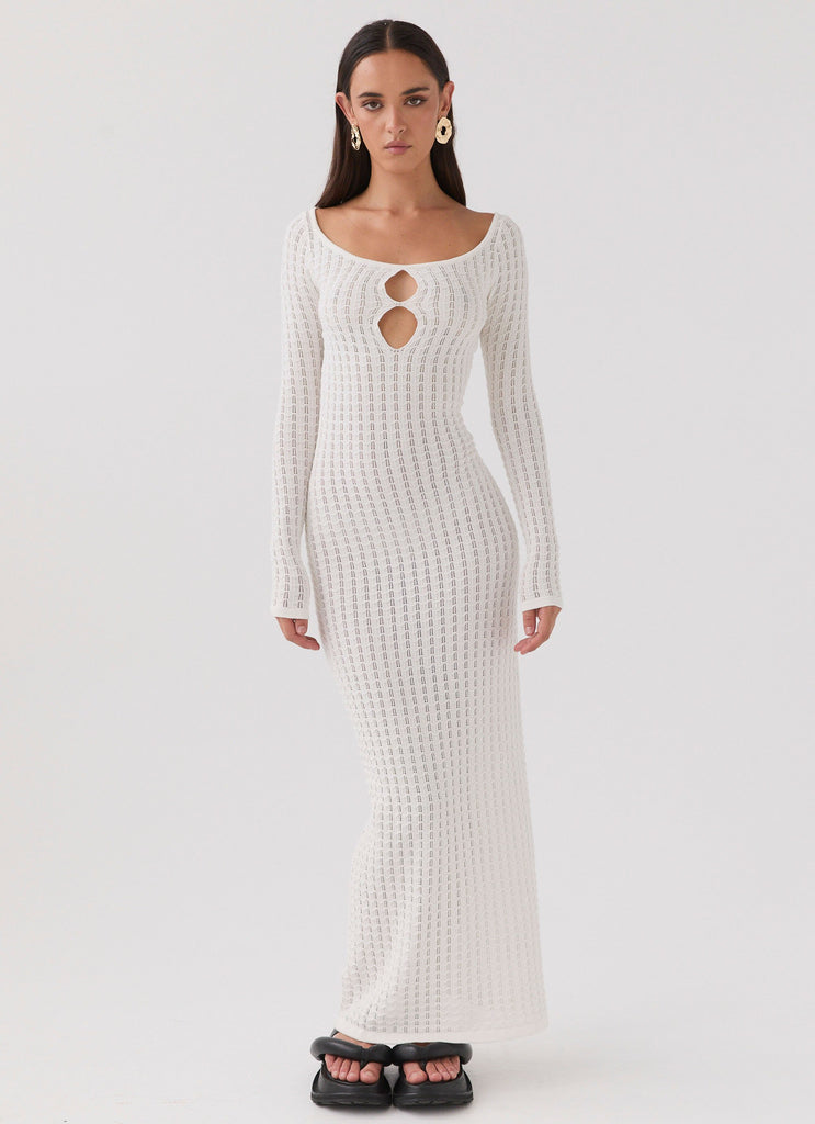 Womens Crystal Cascade Knit Maxi Dress in the colour White in front of a light grey background