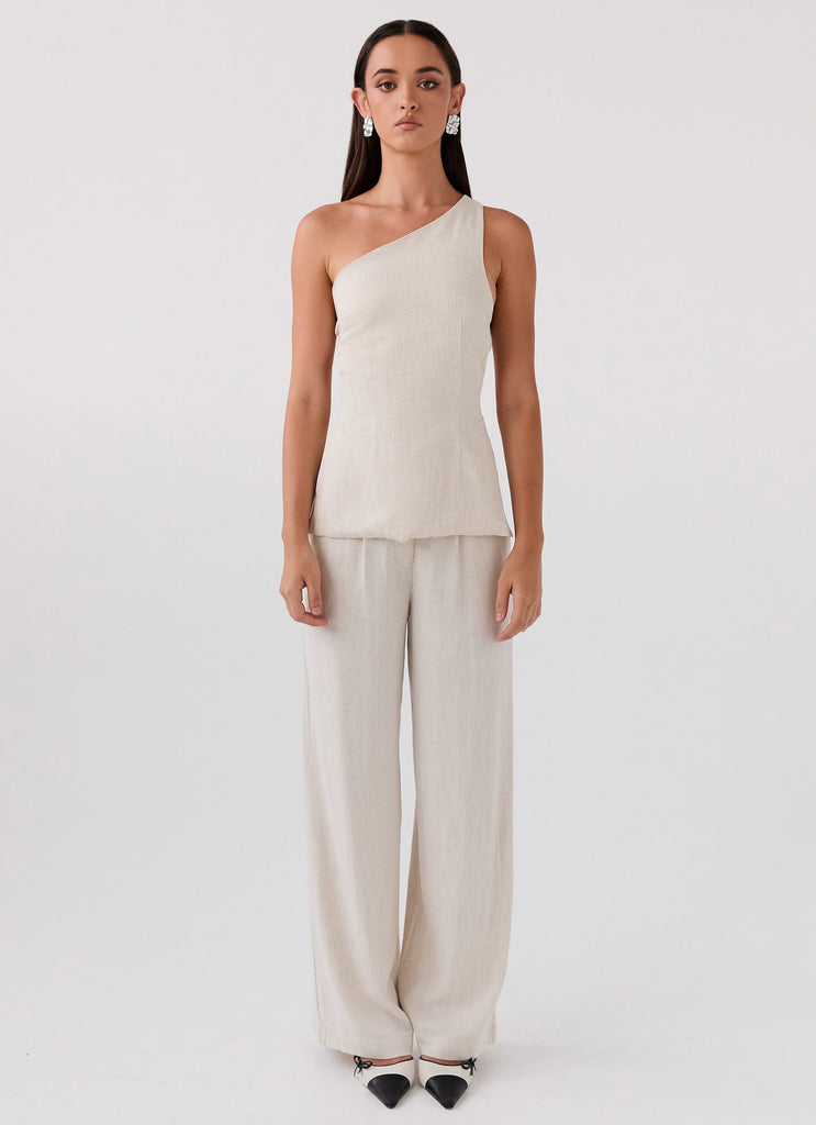 Womens Olsen Linen One Shoulder Top in the colour Oatmeal in front of a light grey background