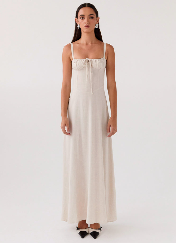 Womens Mimi Linen Maxi Dress in the colour Oatmeal in front of a light grey background