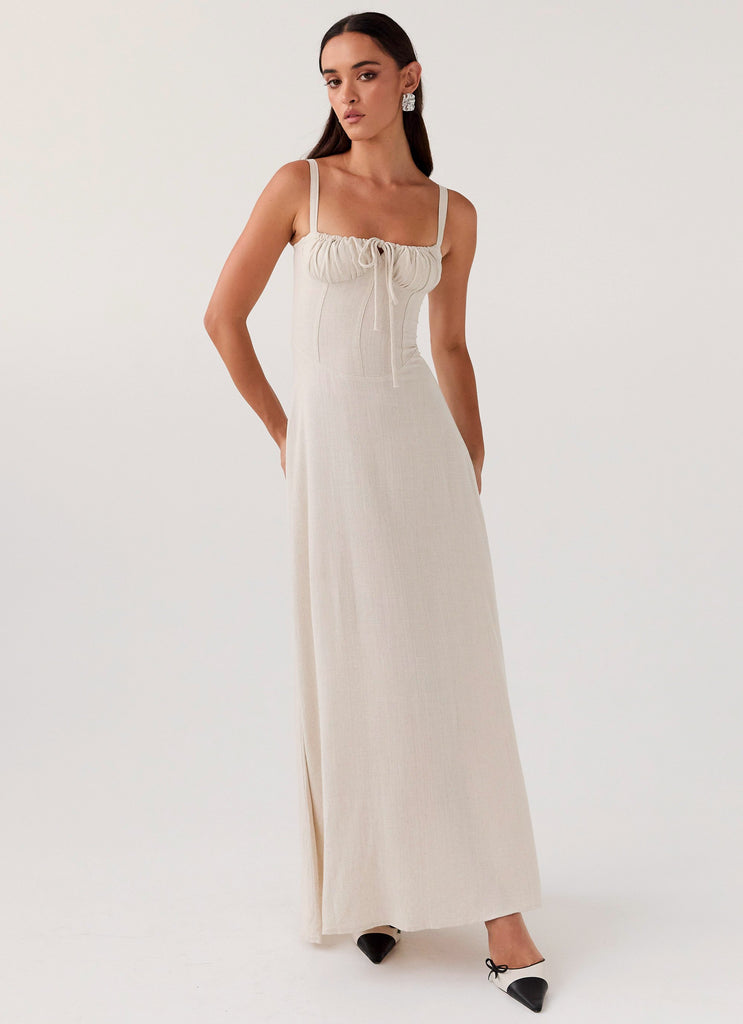 Womens Mimi Linen Maxi Dress in the colour Oatmeal in front of a light grey background