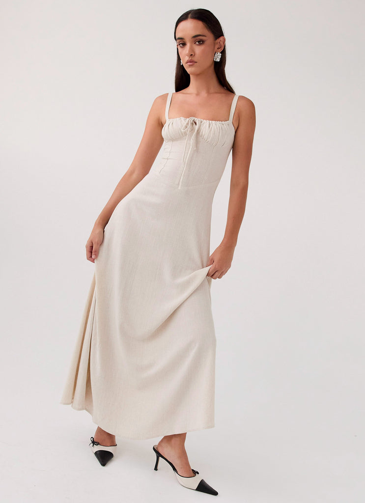 Womens Mimi Linen Maxi Dress in the colour Oatmeal in front of a light grey background