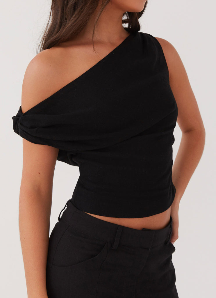 Womens Marissa Linen One Shoulder Top in the colour Black in front of a light grey background