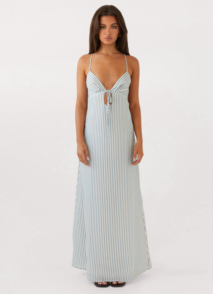 Womens Flora Linen Maxi Dress in the colour Blue Choc Stripe in front of a light grey background