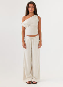 Womens Fresh Face Linen Pants in the colour Oatmeal in front of a light grey background