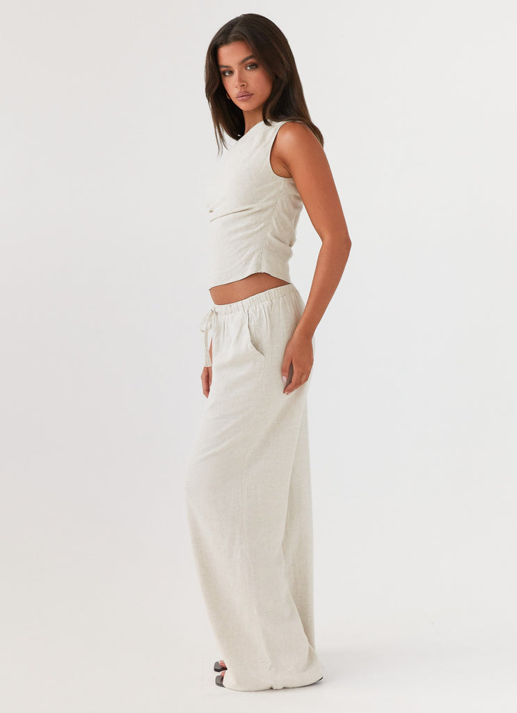 Womens Fresh Face Linen Pants in the colour Oatmeal in front of a light grey background