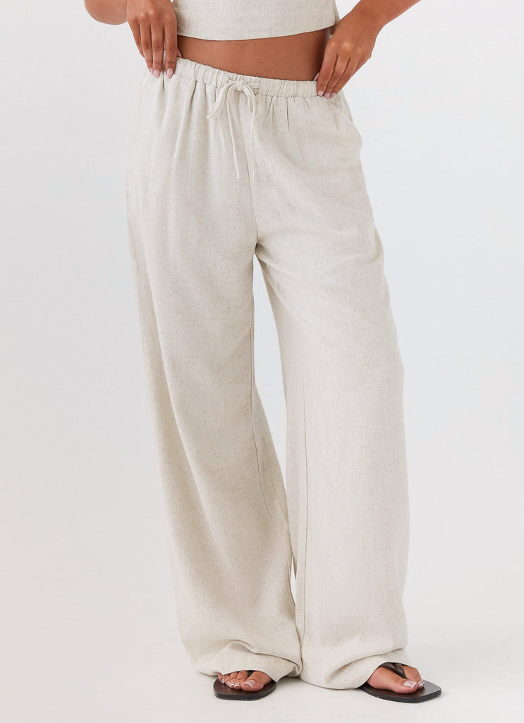 Womens Fresh Face Linen Pants in the colour Oatmeal in front of a light grey background