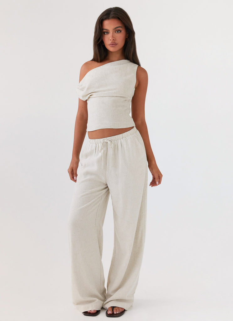 Womens Fresh Face Linen Pants in the colour Oatmeal in front of a light grey background