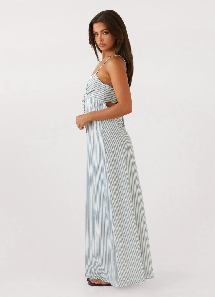 Womens Flora Linen Maxi Dress in the colour Blue Choc Stripe in front of a light grey background