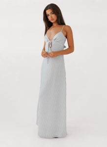 Womens Flora Linen Maxi Dress in the colour Blue Choc Stripe in front of a light grey background