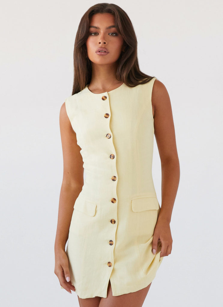 Womens Castello Fiore Linen Mini Dress in the colour Lemon in front of a light grey background