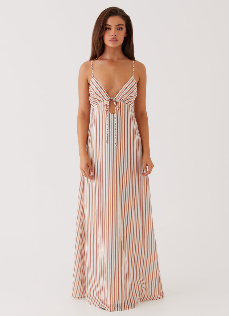 Womens Flora Linen Maxi Dress in the colour Passionfruit Stripe in front of a light grey background