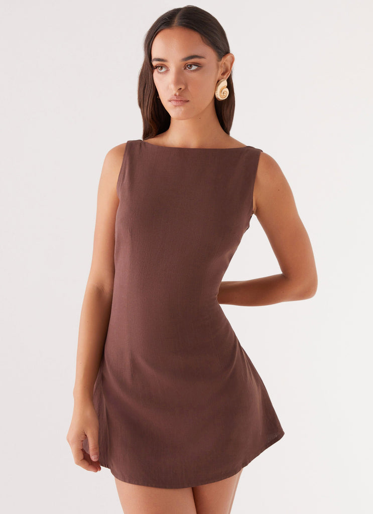 Womens Drunk In Love Linen Mini Dress in the colour Chocolate in front of a light grey background