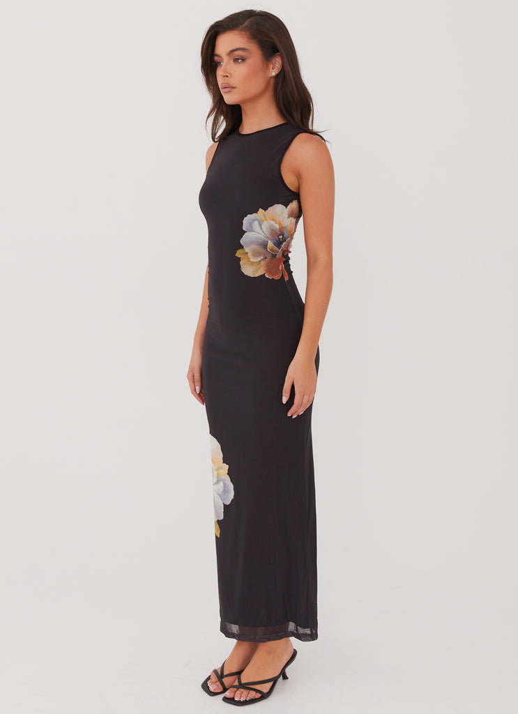 Womens Side Effects Mesh Maxi Dress in the colour Black Orchid in front of a light grey background