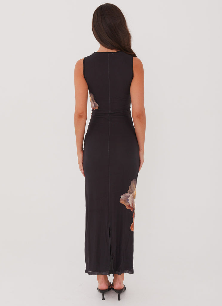 Womens Side Effects Mesh Maxi Dress in the colour Black Orchid in front of a light grey background