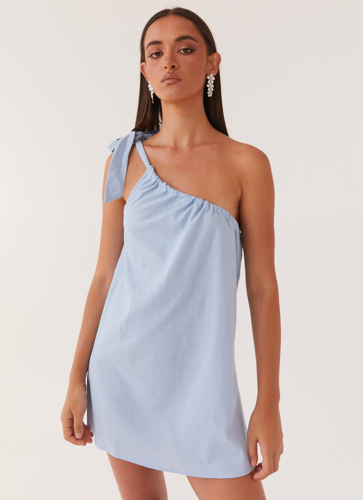 Womens Art Of Waves Linen Mini Dress in the colour Cerulean in front of a light grey background