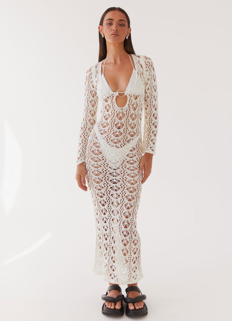 Womens Beach To Bar Crochet Maxi Dress in the colour Cream in front of a light grey background