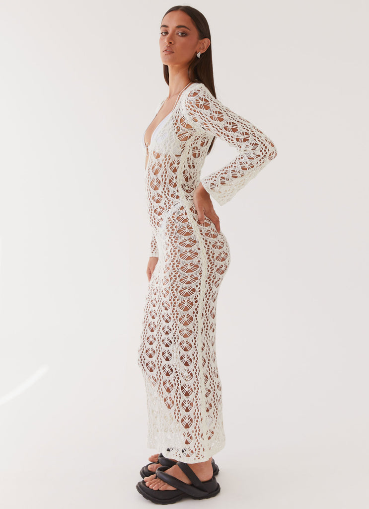 Womens Beach To Bar Crochet Maxi Dress in the colour Cream in front of a light grey background