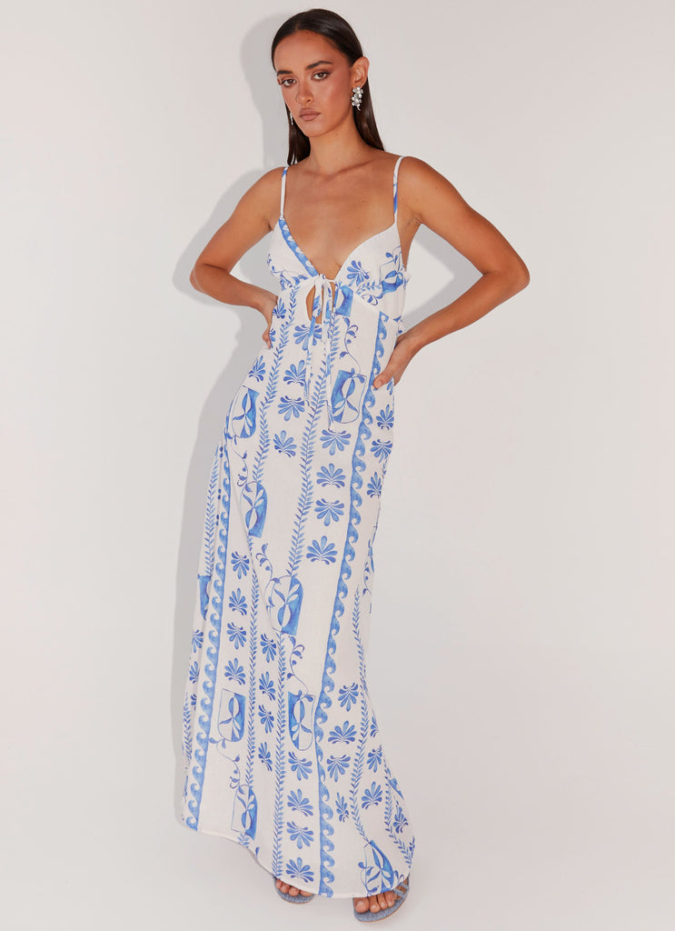 Womens Flora Linen Maxi Dress in the colour Floral Wave in front of a light grey background