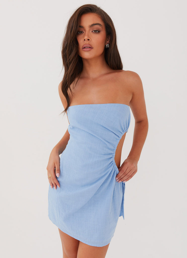 Womens Rosella Linen Mini Dress in the colour Blue in front of a light grey background