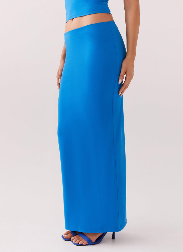 Womens Solace Soul Maxi Skirt in the colour Cobalt in front of a light grey background