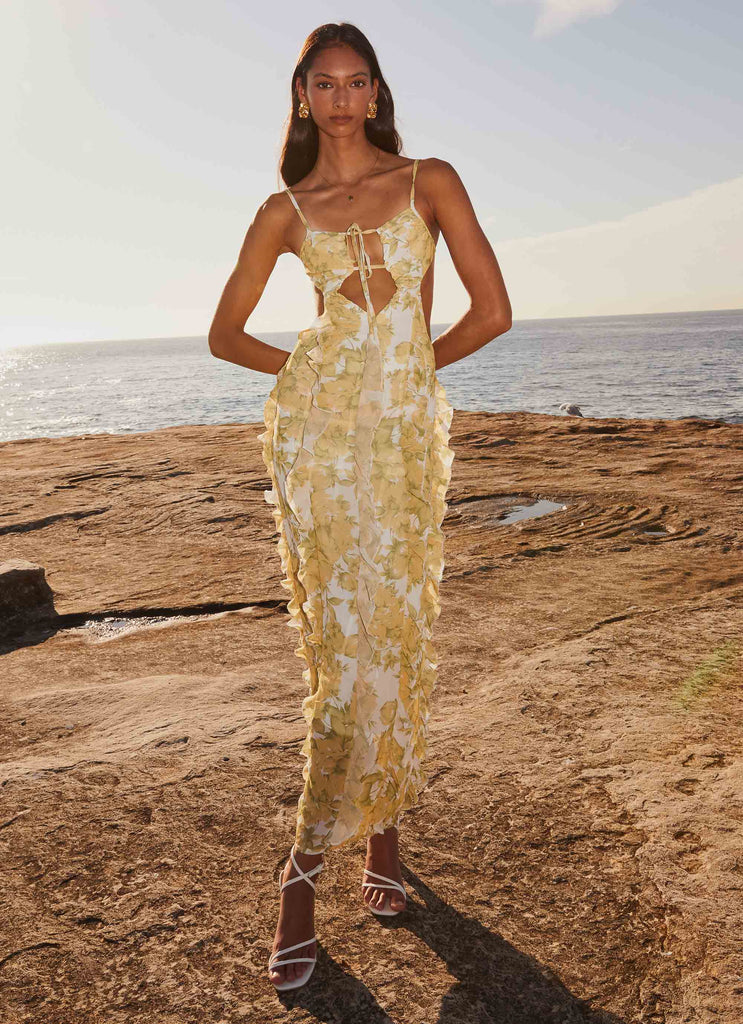 Womens Sunset Kisses Ruffle Maxi Dress in the colour Daffodil in front of a light grey background